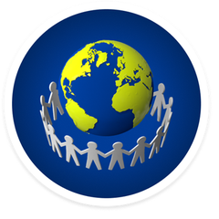 An image of the Earth surrounded by a circle of people holding hands